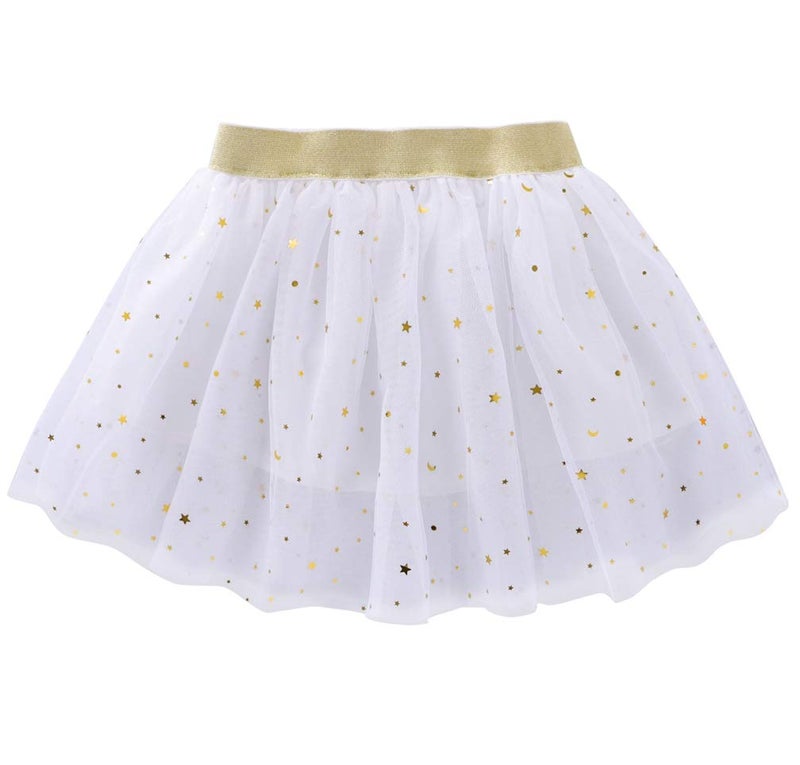 Tortoise & Rabbit Toddlers Girls Sparkle Tulle Tutu Skirt with Sequins Stars Moon Sun (White, 7-8years) - Image 2